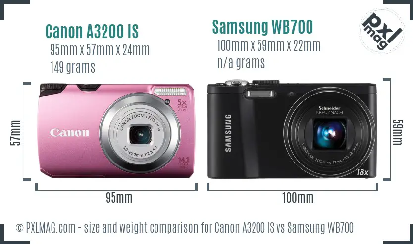 Canon A3200 IS vs Samsung WB700 size comparison