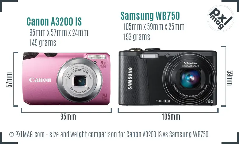 Canon A3200 IS vs Samsung WB750 size comparison