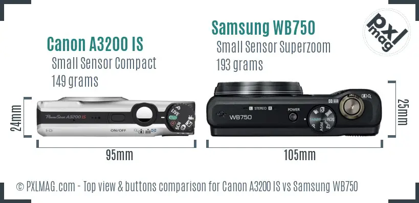 Canon A3200 IS vs Samsung WB750 top view buttons comparison