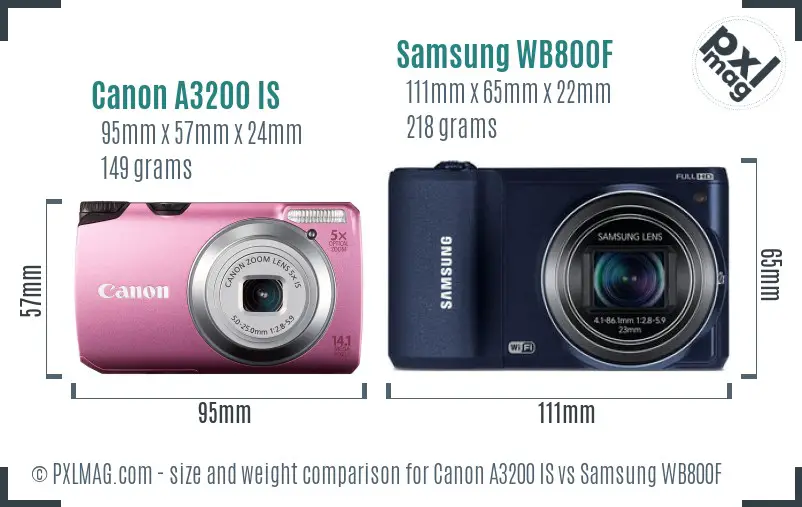 Canon A3200 IS vs Samsung WB800F size comparison