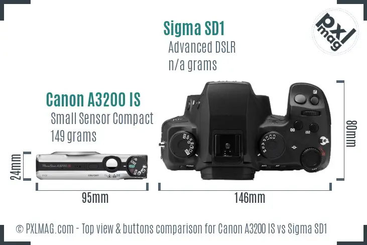 Canon A3200 IS vs Sigma SD1 top view buttons comparison