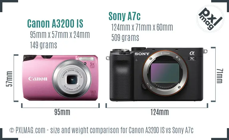 Canon A3200 IS vs Sony A7c size comparison