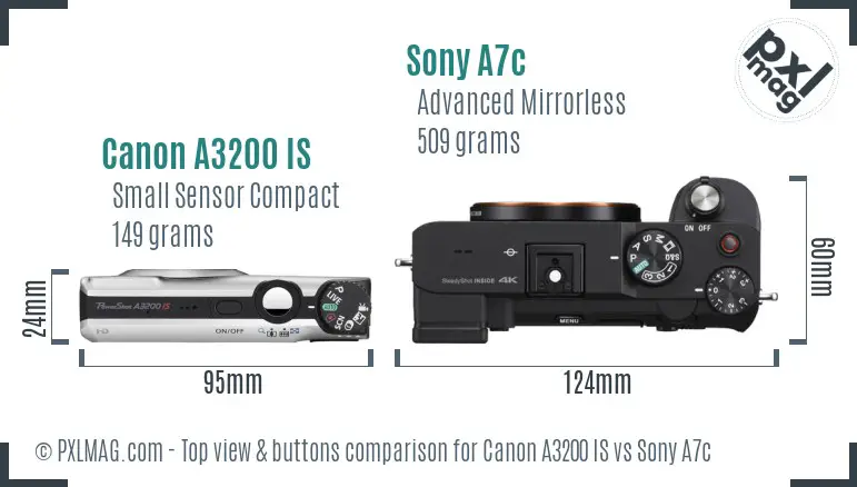 Canon A3200 IS vs Sony A7c top view buttons comparison