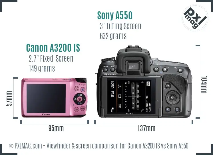 Canon A3200 IS vs Sony A550 Screen and Viewfinder comparison