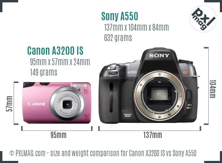 Canon A3200 IS vs Sony A550 size comparison