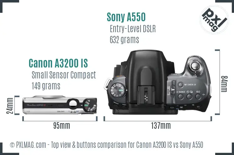 Canon A3200 IS vs Sony A550 top view buttons comparison