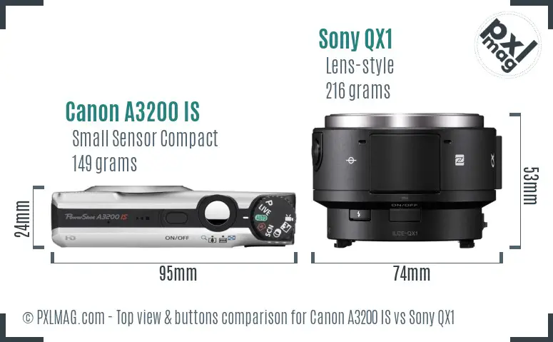 Canon A3200 IS vs Sony QX1 top view buttons comparison