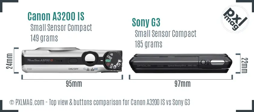 Canon A3200 IS vs Sony G3 top view buttons comparison