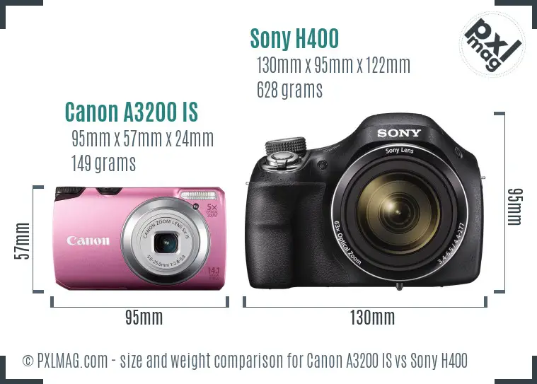 Canon A3200 IS vs Sony H400 size comparison