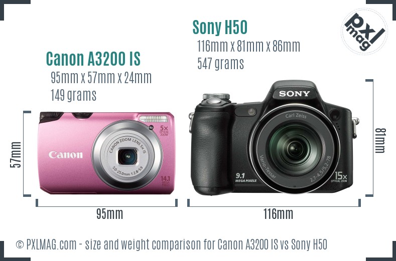 Canon A3200 IS vs Sony H50 size comparison