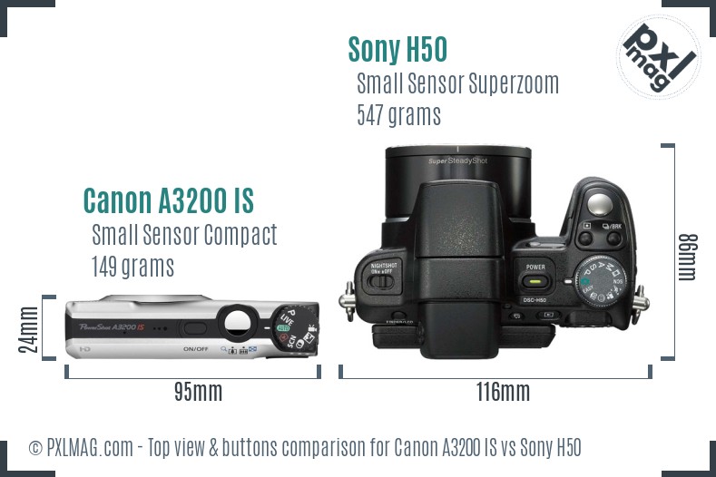 Canon A3200 IS vs Sony H50 top view buttons comparison