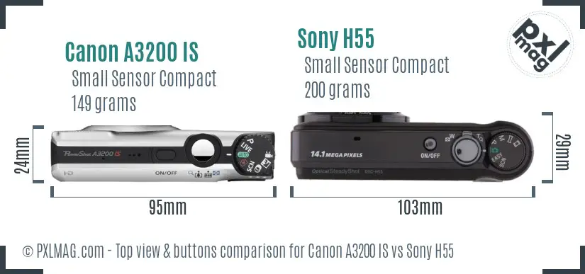 Canon A3200 IS vs Sony H55 top view buttons comparison