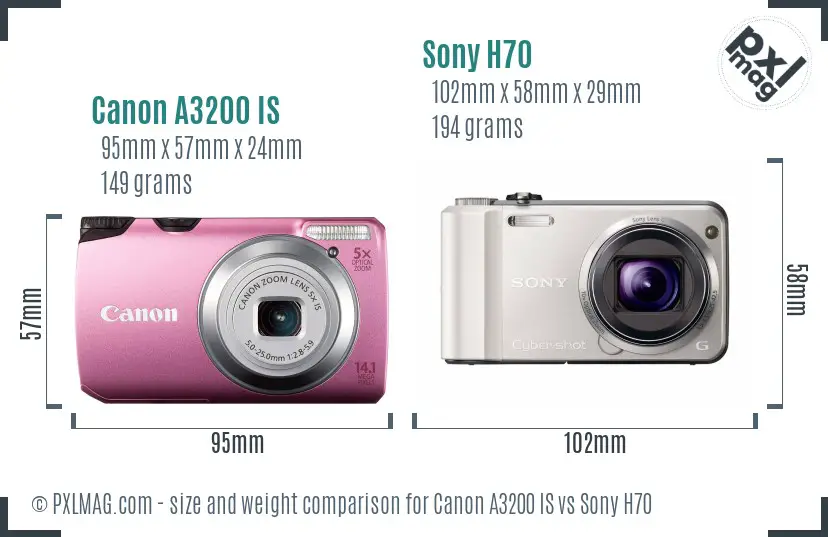 Canon A3200 IS vs Sony H70 size comparison