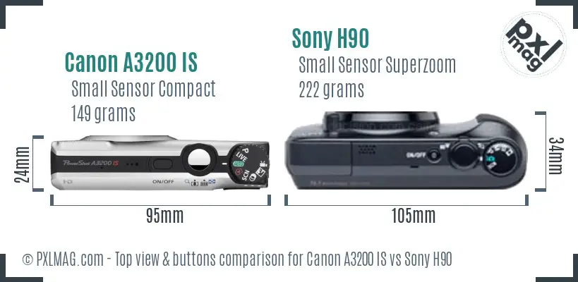 Canon A3200 IS vs Sony H90 top view buttons comparison