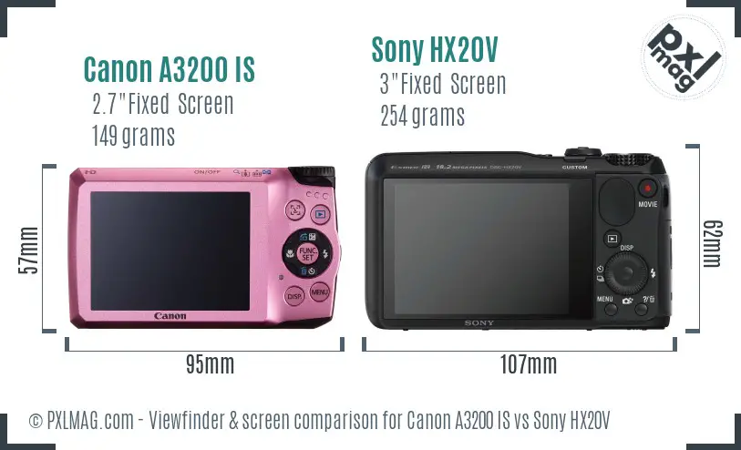 Canon A3200 IS vs Sony HX20V Screen and Viewfinder comparison