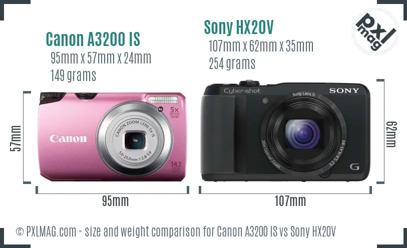 Canon A3200 IS vs Sony HX20V size comparison