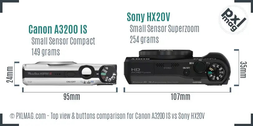 Canon A3200 IS vs Sony HX20V top view buttons comparison