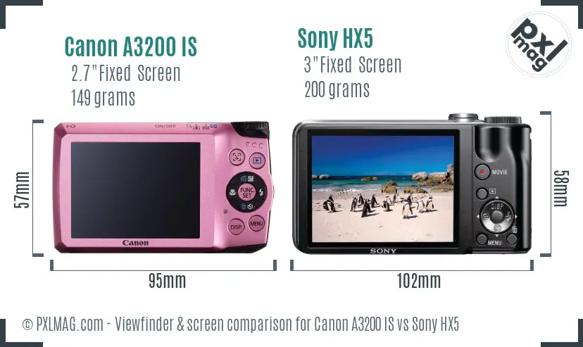 Canon A3200 IS vs Sony HX5 Screen and Viewfinder comparison