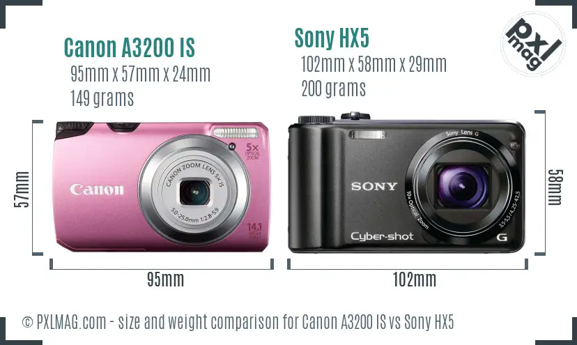 Canon A3200 IS vs Sony HX5 size comparison