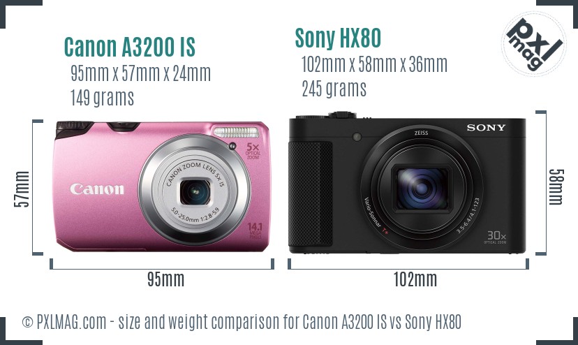 Canon A3200 IS vs Sony HX80 size comparison Canon A3200 IS vs Sony HX80 size comparison