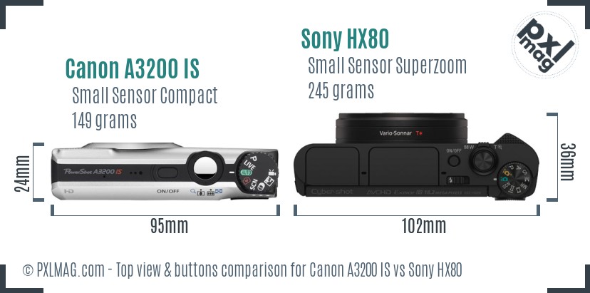 Canon A3200 IS vs Sony HX80 top view buttons comparison