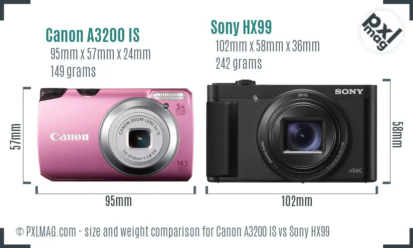 Canon A3200 IS vs Sony HX99 size comparison