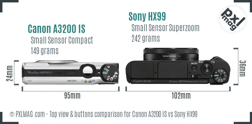 Canon A3200 IS vs Sony HX99 top view buttons comparison