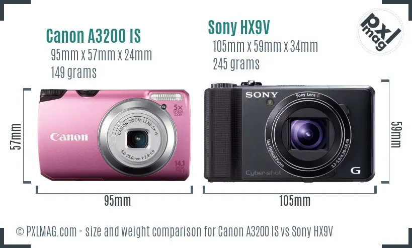 Canon A3200 IS vs Sony HX9V size comparison Canon A3200 IS vs Sony HX9V size comparison