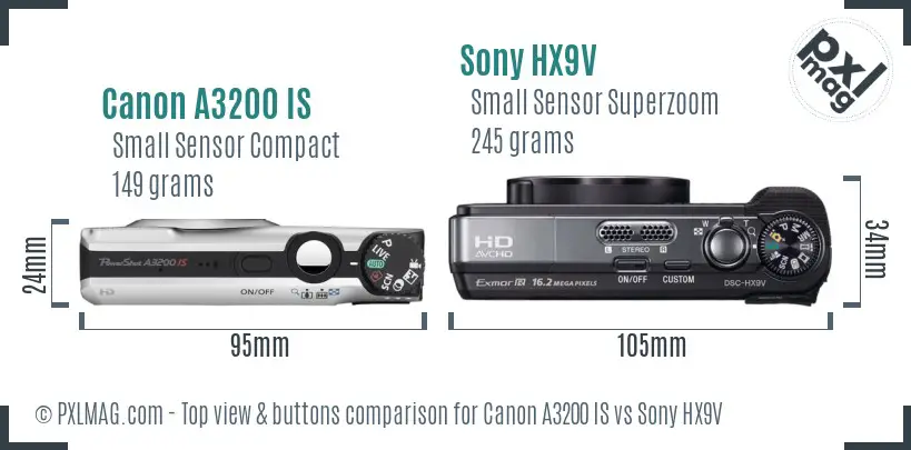 Canon A3200 IS vs Sony HX9V top view buttons comparison Canon A3200 IS vs Sony HX9V top view buttons comparison