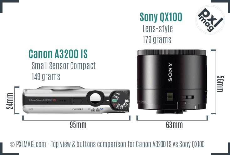Canon A3200 IS vs Sony QX100 top view buttons comparison