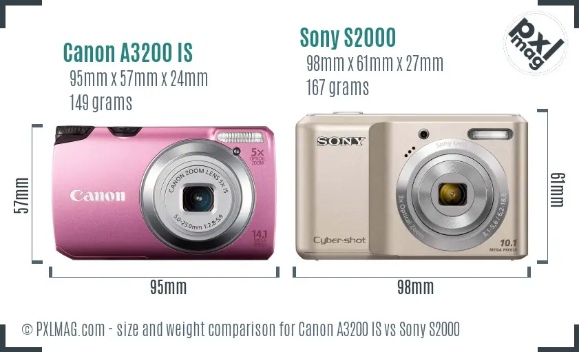 Canon A3200 IS vs Sony S2000 size comparison