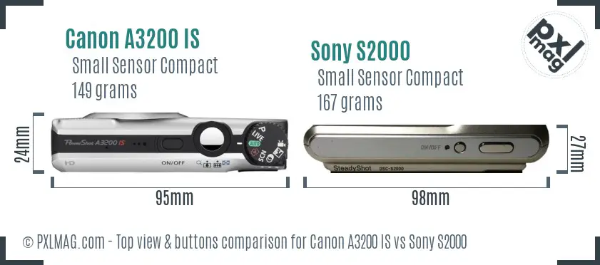 Canon A3200 IS vs Sony S2000 top view buttons comparison