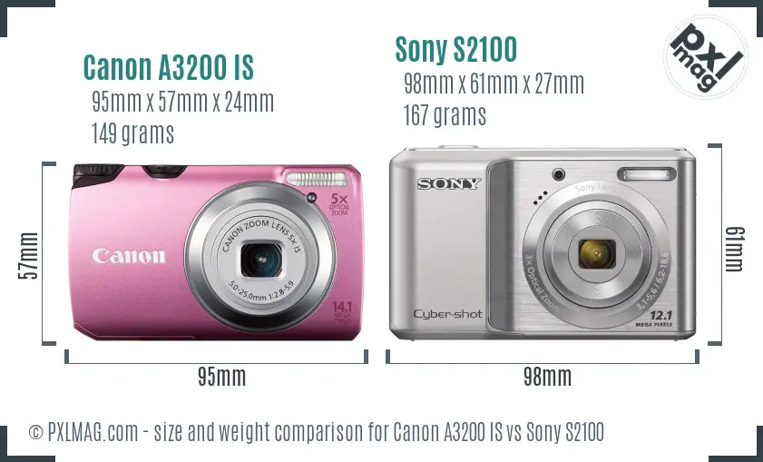 Canon A3200 IS vs Sony S2100 size comparison