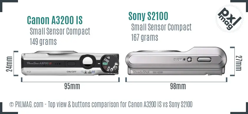 Canon A3200 IS vs Sony S2100 top view buttons comparison