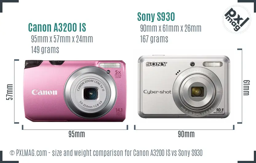 Canon A3200 IS vs Sony S930 size comparison