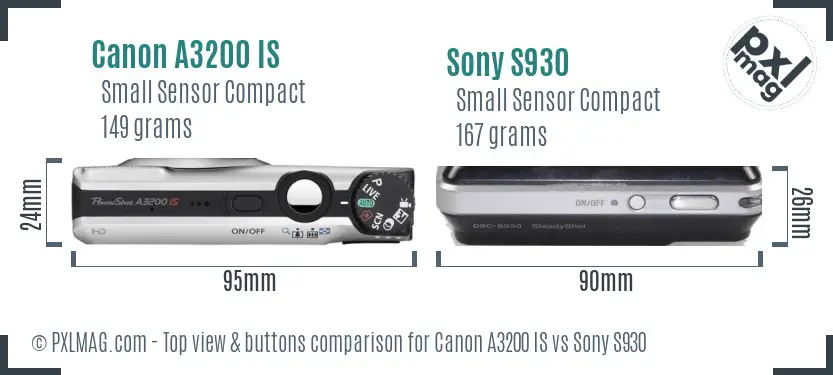 Canon A3200 IS vs Sony S930 top view buttons comparison