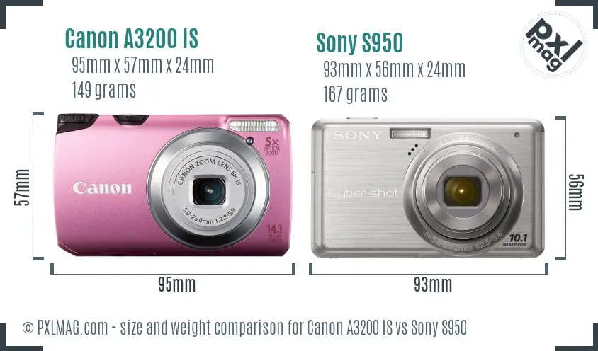 Canon A3200 IS vs Sony S950 size comparison