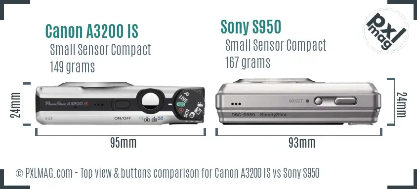 Canon A3200 IS vs Sony S950 top view buttons comparison