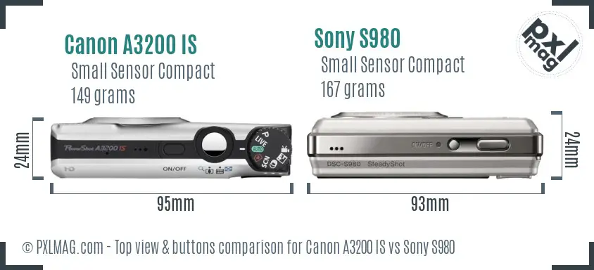 Canon A3200 IS vs Sony S980 top view buttons comparison Canon A3200 IS vs Sony S980 top view buttons comparison