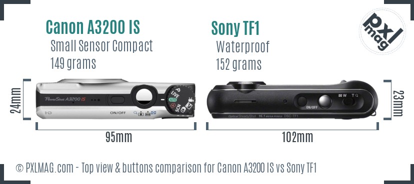 Canon A3200 IS vs Sony TF1 top view buttons comparison