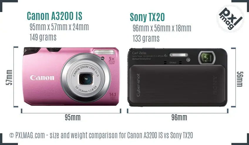 Canon A3200 IS vs Sony TX20 size comparison