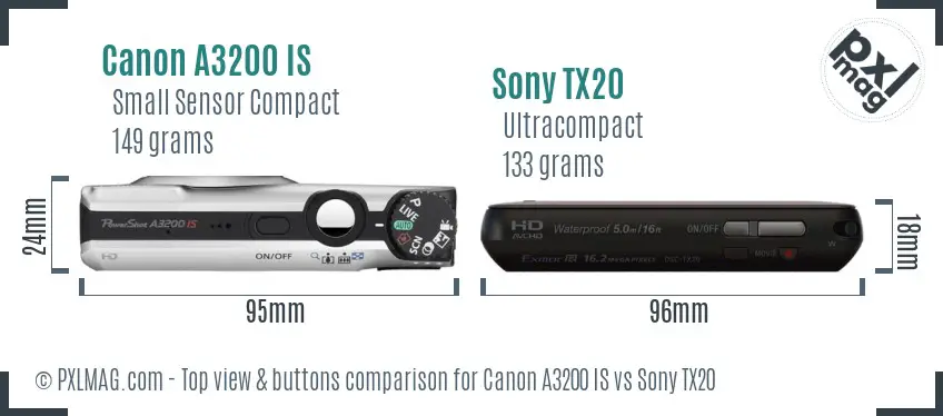 Canon A3200 IS vs Sony TX20 top view buttons comparison