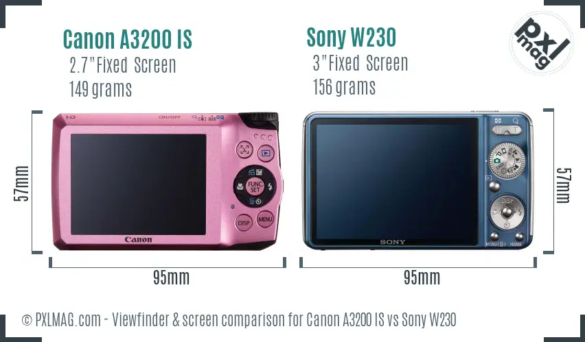 Canon A3200 IS vs Sony W230 Screen and Viewfinder comparison