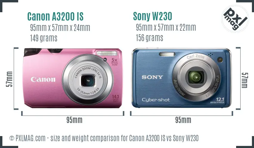 Canon A3200 IS vs Sony W230 size comparison