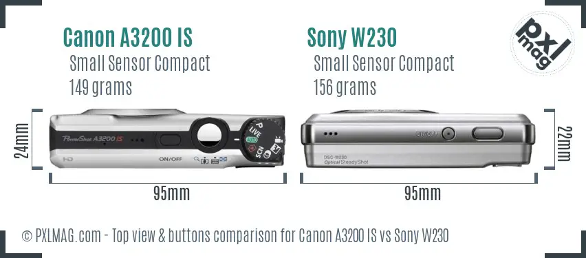 Canon A3200 IS vs Sony W230 top view buttons comparison