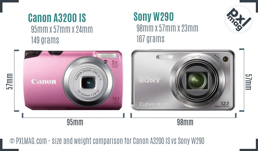 Canon A3200 IS vs Sony W290 size comparison