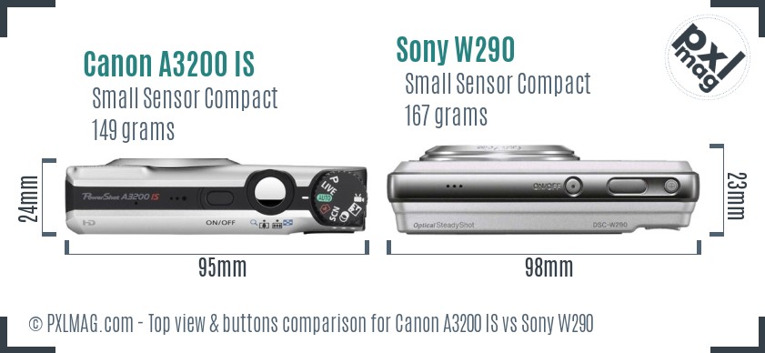 Canon A3200 IS vs Sony W290 top view buttons comparison