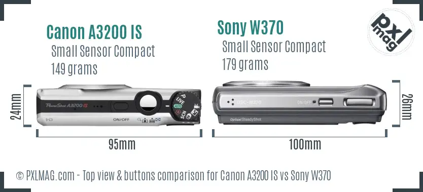 Canon A3200 IS vs Sony W370 top view buttons comparison Canon A3200 IS vs Sony W370 top view buttons comparison
