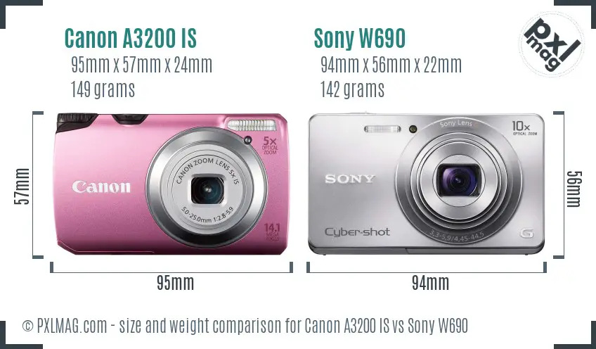Canon A3200 IS vs Sony W690 size comparison