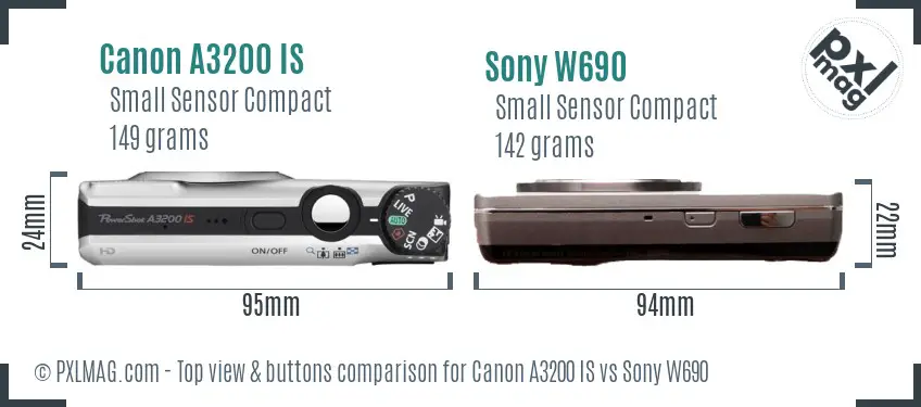 Canon A3200 IS vs Sony W690 top view buttons comparison